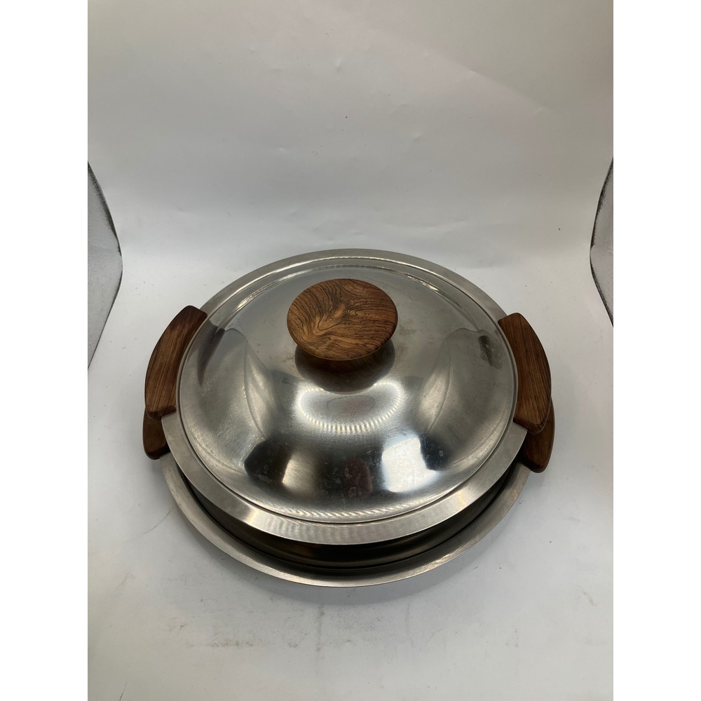 Vintage MC Denmark Stainless Steel 18/8 Serving Dish Tray Wood‎ Handles Lid